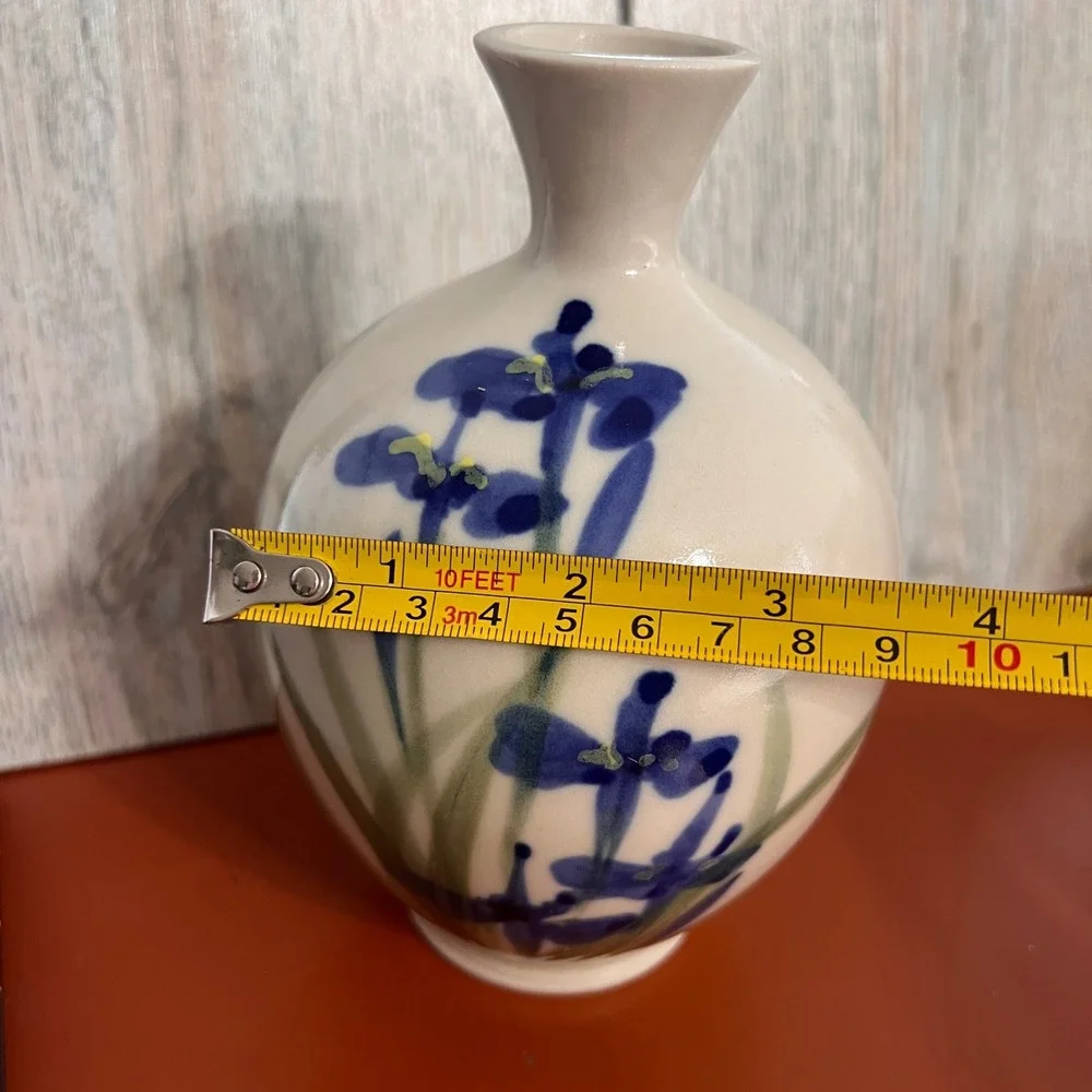 Vintage Hand Painted Blue Iris Ceramic Bud Vase Round Floral Pottery Cream 6.5